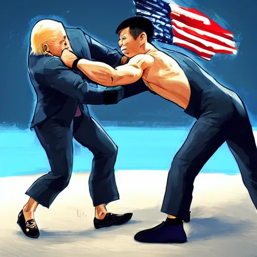 Prompt: Joe Biden fight Xi Jinping in a wrestling match, funny, caricature, realistic, detailed, full body, teal suit, intricate, elegant, highly detailed, artstation, sharp focus, illustration, art by Artgerm, Makoto Shinkai, Ilya Kuvshinov, Lois Van Baarle, and Rossdraws