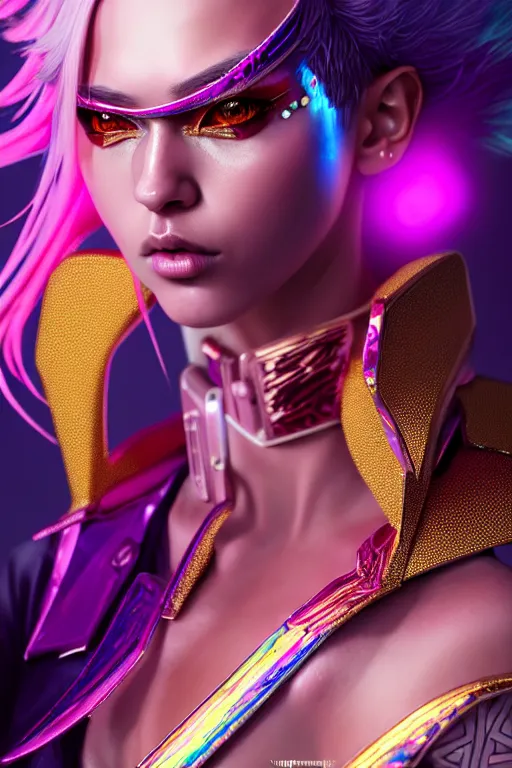 Image similar to hyperdetailed portrait of a stunningly beautiful european girl androgynous guard made of iridescent metals shiny pink gems, bright rainbow gold cyberpunk nimbus, inspired by ross tran and wlop and masamune shirow and kuvshinov, concept art, intricate, photorealistic, octane render, rtx, hdr, unreal engine, dnd digital art by artgerm