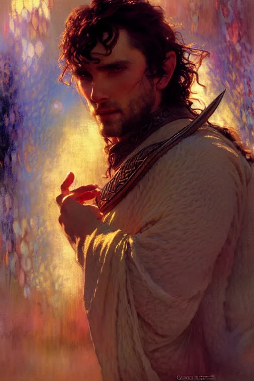 Image similar to attractive man, the lord of the rings, cool colors, painting by gaston bussiere, craig mullins, greg rutkowski, alphonse mucha