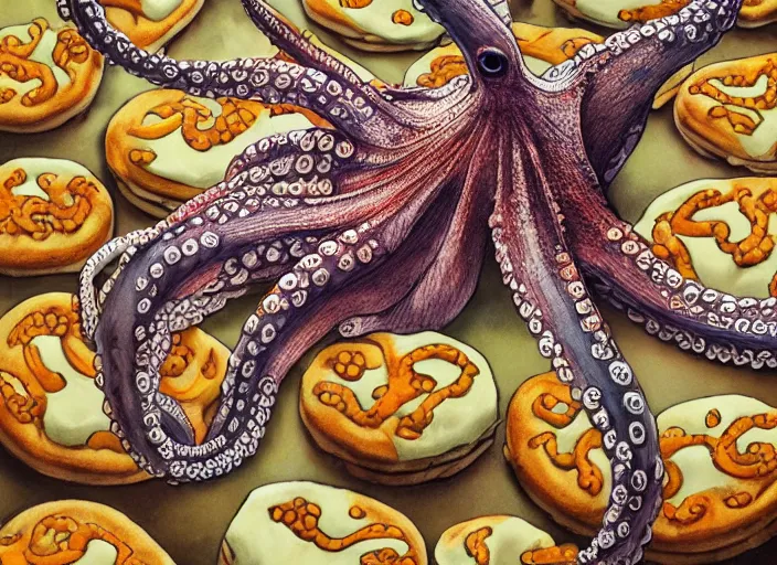 Prompt: a beautiful ultra detailed fine art illustration of an octopus holding many burgers, tentacles wrapped around burgers, artstation, 8 k