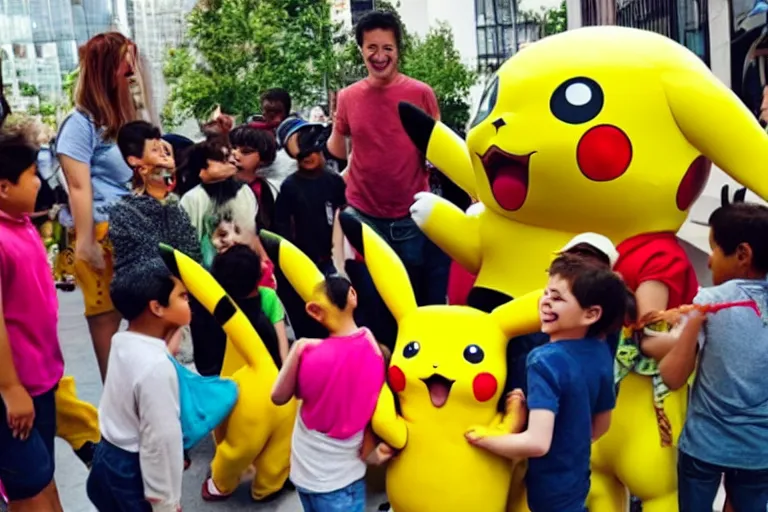 Image similar to a group of children are crowded around a life size pikachu and they looking directly it and they are laughing at it