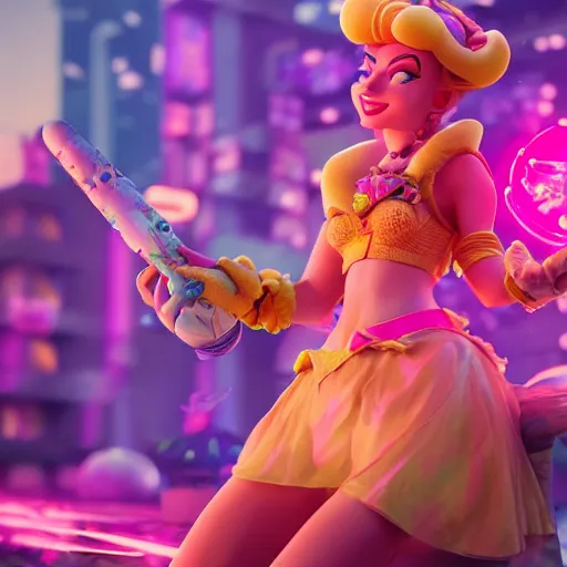 Image similar to Princess peach mixed with jinx from league of legends, dancing, background with neon lighting, fullshot, raytrayced, octane render, epic composition, intricate details, hyperrealist, by Joe Benitez, WLOP, Alessandro Barbucci, Barbara Canepa