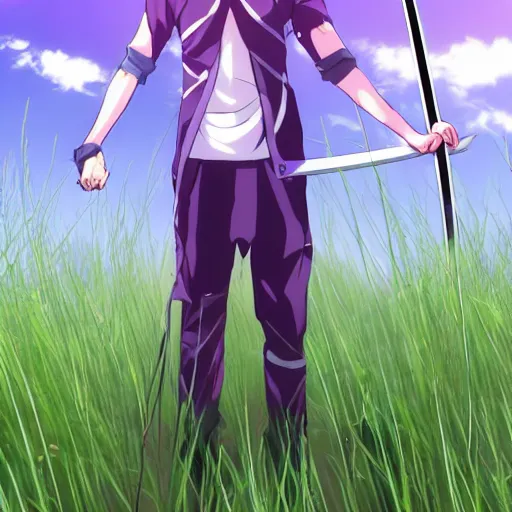Prompt: Anime shot of a swordsman dressed in purple walking in a field of grass, trending on pixiv