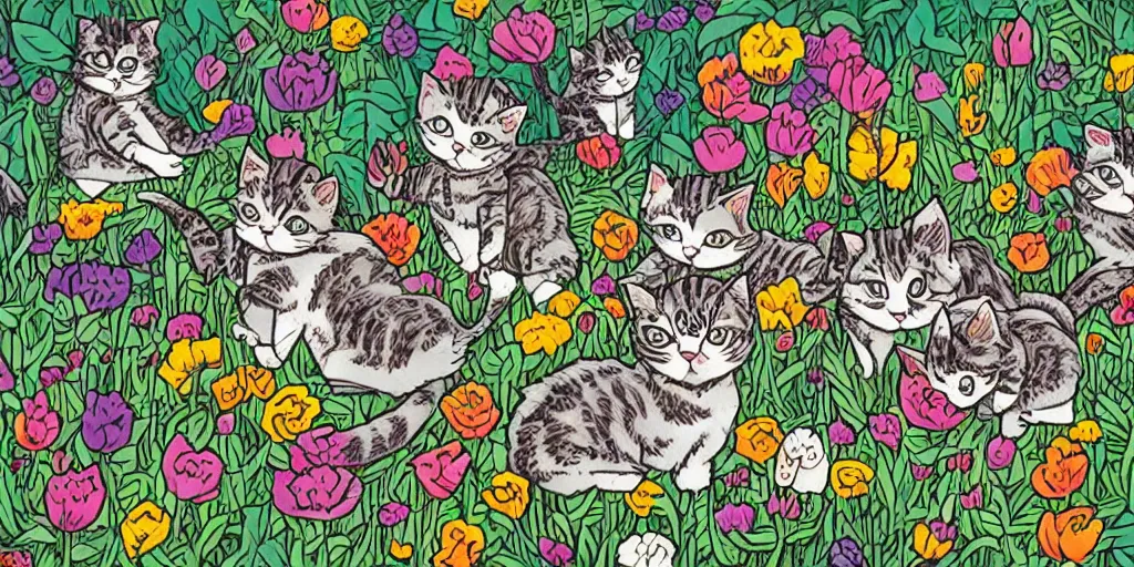 Prompt: group of kitten playing in a flower garden, art by mcbess
