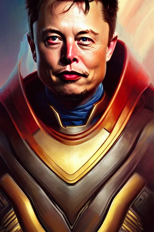 Image similar to elon musk as thor, realistic portrait, symmetrical, highly detailed, digital painting, artstation, concept art, smooth, sharp focus, illustration, cinematic lighting, art by artgerm and greg rutkowski and alphonse mucha