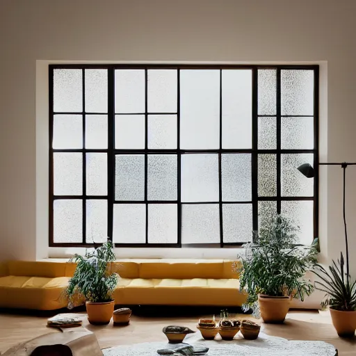 Image similar to interior desing magazine photo of a big window with a wooden frame to sit on, some sandy yellow pillows, great architecture, ambient light, 8k