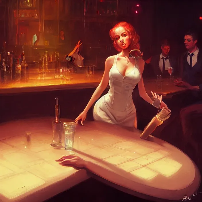 Prompt: waitress singing on a table in a nightclub, elegant, real life skin, intricate artwork, high detailed, artstation, concept art, smooth, sharp focus, art by artgerm and greg rutkowski