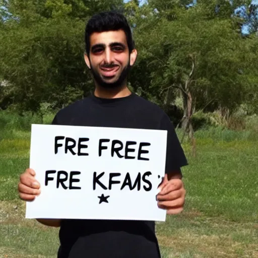 Image similar to photo of emad holding a sign saying free kittens