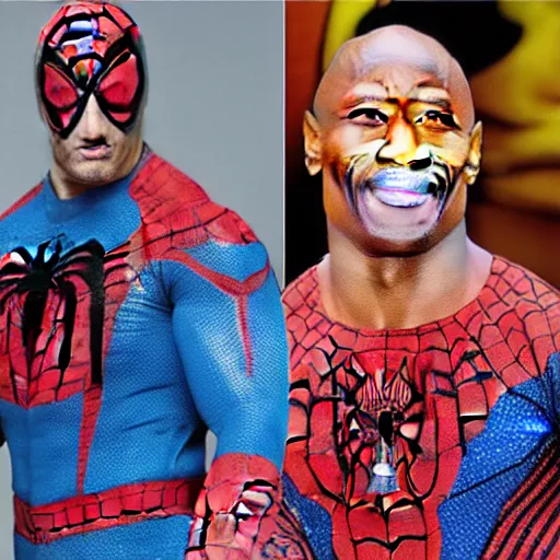 Image similar to dwayne johnson promo on ring wearing spiderman costumes