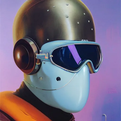 Prompt: vibrant portrait of masked cyberpunk hero with large aviator goggles with an oxygen tank on the art deco streets of the big city, award-winning realistic sci-fi concept art by Jim Burns and Greg Rutkowski, Picasso, Beksinski, masterpiece, complimentary colors, James Gilleard, Bruegel, artstation, Alphonse Mucha, and Yoshitaka Amano