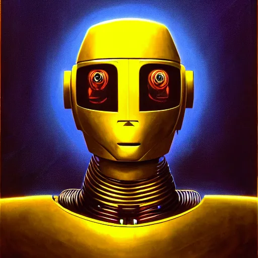 Prompt: cinematic bust portrait of psychedelic robot from left, head and chest only, exotic alien features, robotic enhancements, yellow , desaturated, Tim Hildebrandt, Wayne Barlowe, Bruce Pennington, donato giancola, larry elmore, oil on canvas, masterpiece, trending on artstation, featured on pixiv, cinematic composition, dramatic pose, beautiful lighting, sharp, details, hyper-detailed, HD, HDR, 4K, 8K