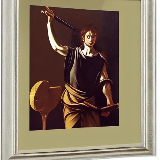 Prompt: david with the head of goliath, by caravaggio