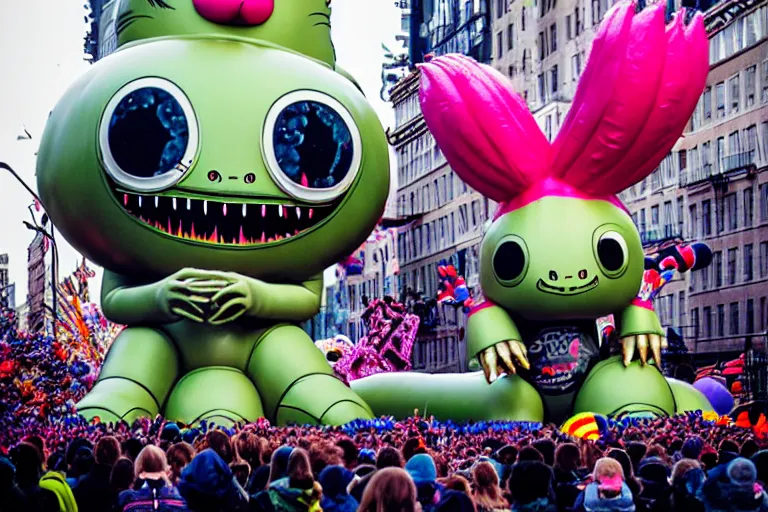 Image similar to photo of giant cute elaborate parade float character designed by ( ( ( ( ( ( ( ( giger ) ) ) ) ) ) ) ) and beeple!!!!!!!!!!!!!!, in the macys parade, detailed 4 k photo,