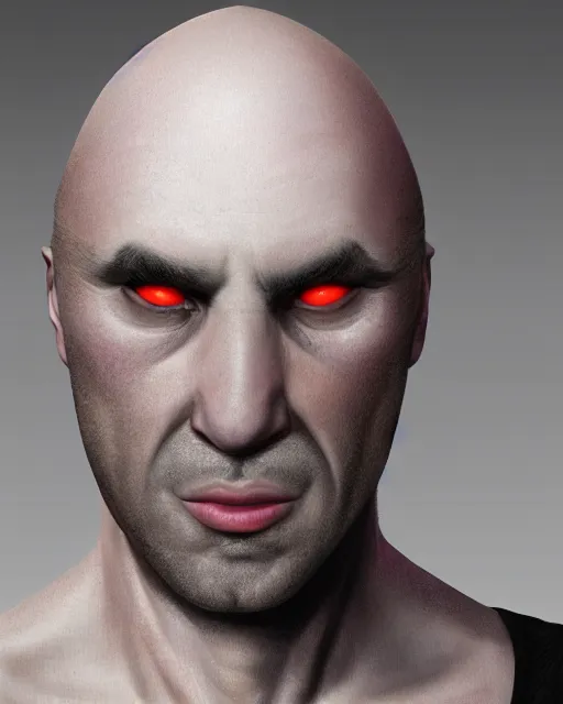 Image similar to portrait of a 4 0 - year - old bald man, with a white complexion, wide, cat - like scarlet eyes, a nose flat like a snake's nose, and a thin mouth, wearing in black clothes, hyper realistic face, beautiful eyes, character art, art by mark brooks, hyperdetailed, cryengine, trending on artstation, digital art