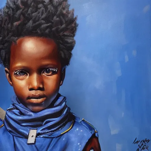 Image similar to a realistic painting of an african kid with cyberpunk and afrofuturist blue clothes, highly detailed, afrofuturist, cyberpunk, photorealistic.