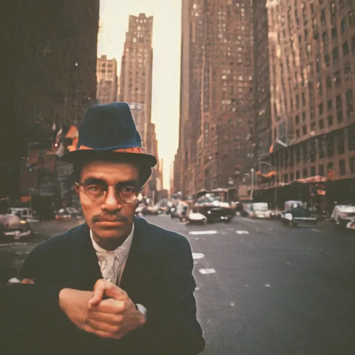 Prompt: medium format film profile portrait of a man in new york by street photographer from the 1 9 6 0 s, hasselblad film man portrait featured on unsplash, beautiful light damaged colour film,