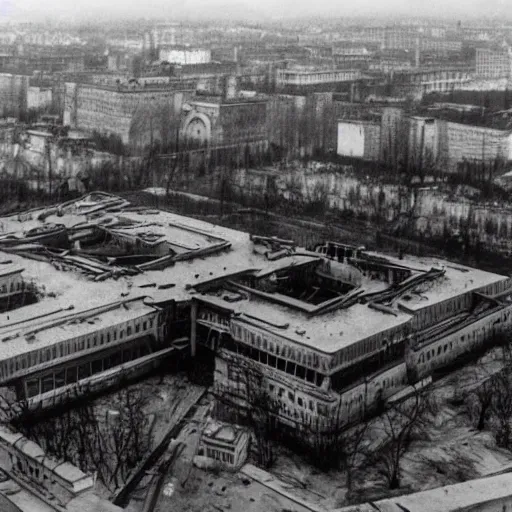 Prompt: campus of moscow institute of physics and technology after a nuclear attack, hyperreallstic, highly detailed