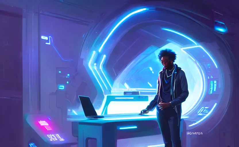 Image similar to handsome black genius hacking the metaverse, holographic keyboard, curved digital displays, urban interior, electric blue glowing lights, highly detailed, digital painting, artstation, concept art, smooth, sharp focus, illustration, art by wlop, mars ravelo and greg rutkowski