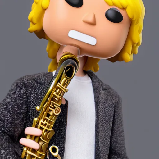 Prompt: a 3d render of blond hippie man playing the sax as a funko pop, studio lighting, grey background