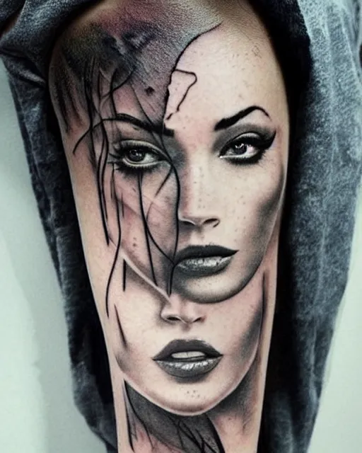 Image similar to creative double exposure effect tattoo design sketch of megan fox faded in beautiful mountain scenery, realism tattoo, in the style of matteo pasqualin, amazing detail, sharp