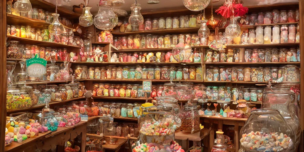 Image similar to Inside an old fashioned sweet shop, large jars on shelves, beautiful labels, fantasy vendor interior, wide angle, cinematic, highly detailed, photorealistic, rich bright colors, trending on artstation, trending on cgsociety