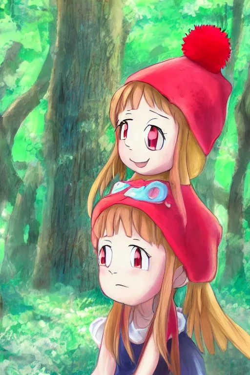 Prompt: concept art of a little girl in the red hat,forest, happy in anime style