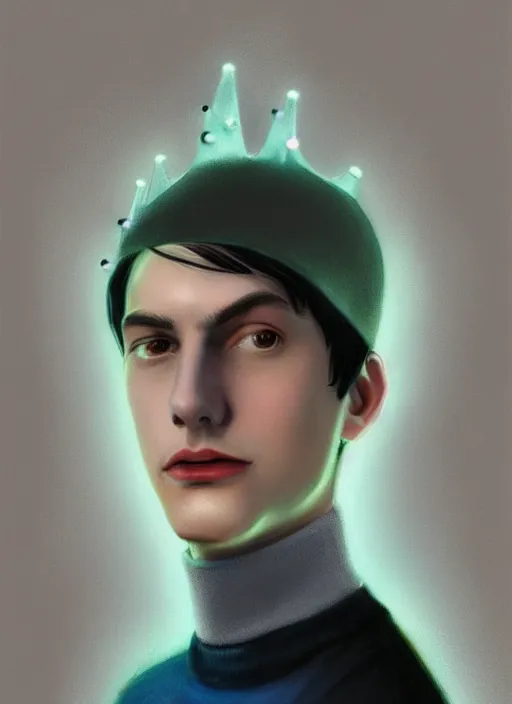 Image similar to portrait of teenage jughead jones wearing a light grey crown, crown, blue turtleneck, 1 9 5 0 s, closed eyes, photorealistic, black hair, glowing lighting, intricate, elegant, glowing lights, highly detailed, digital painting, artstation, concept art, smooth, sharp focus, illustration, art by wlop, mars ravelo and greg rutkowski