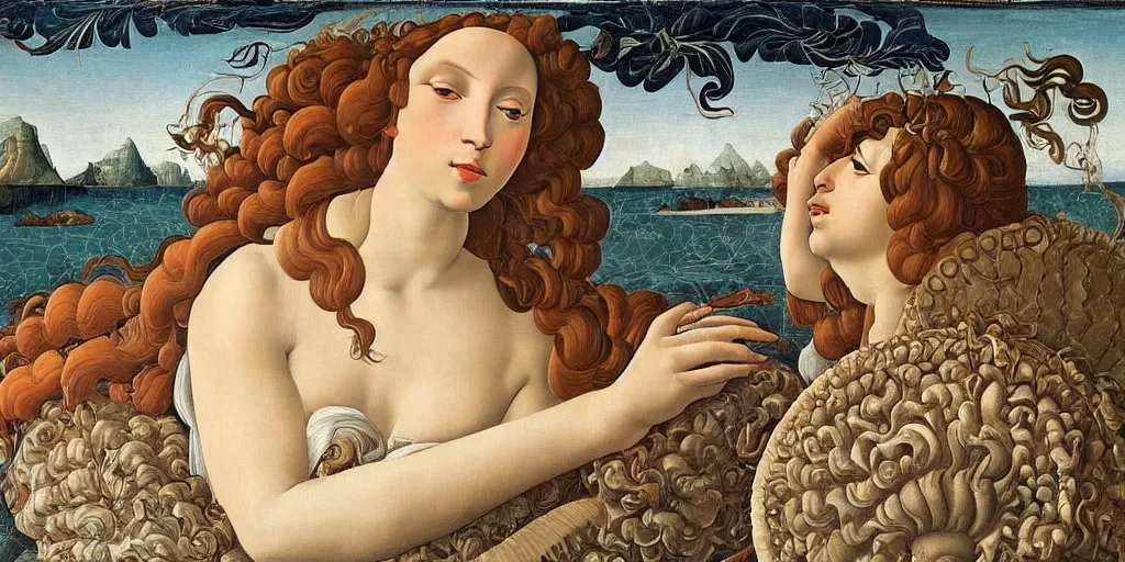 Image similar to an hyperrealistic mythological oil painting of venus with long curly brown hair, full body, wearing floral chiton, sleeping in a giant scallop shell near the seashore, intricate, elegant, renaissance style, by sandro botticelli