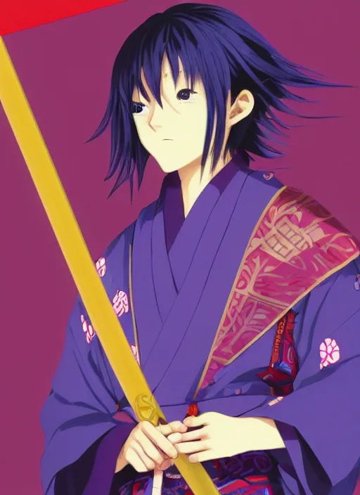 Image similar to teenager boy with straight indigo hair, purple eyes with red eye markers, slim body, wearing a detailed Japanese kimono with golden armpieces, holding a pair of fans. rich vivid colors, ambient lighting, dynamic lighting, 4k, official media, anime key visual, makoto shinkai, ilya kuvshinov, lois van baarle, rossdraws, detailed, trending on artstation