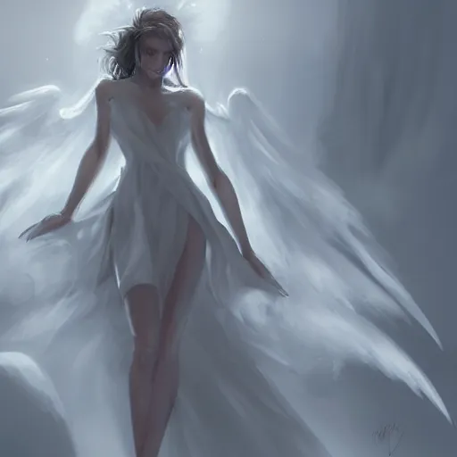 Image similar to a concept art drawing of a beautiful female angle in a white dress on a dark steamy background, spreading her wings, symmetry features, soft painting, volumetric light, fog, fantasy background, artstation, detailed, award winning