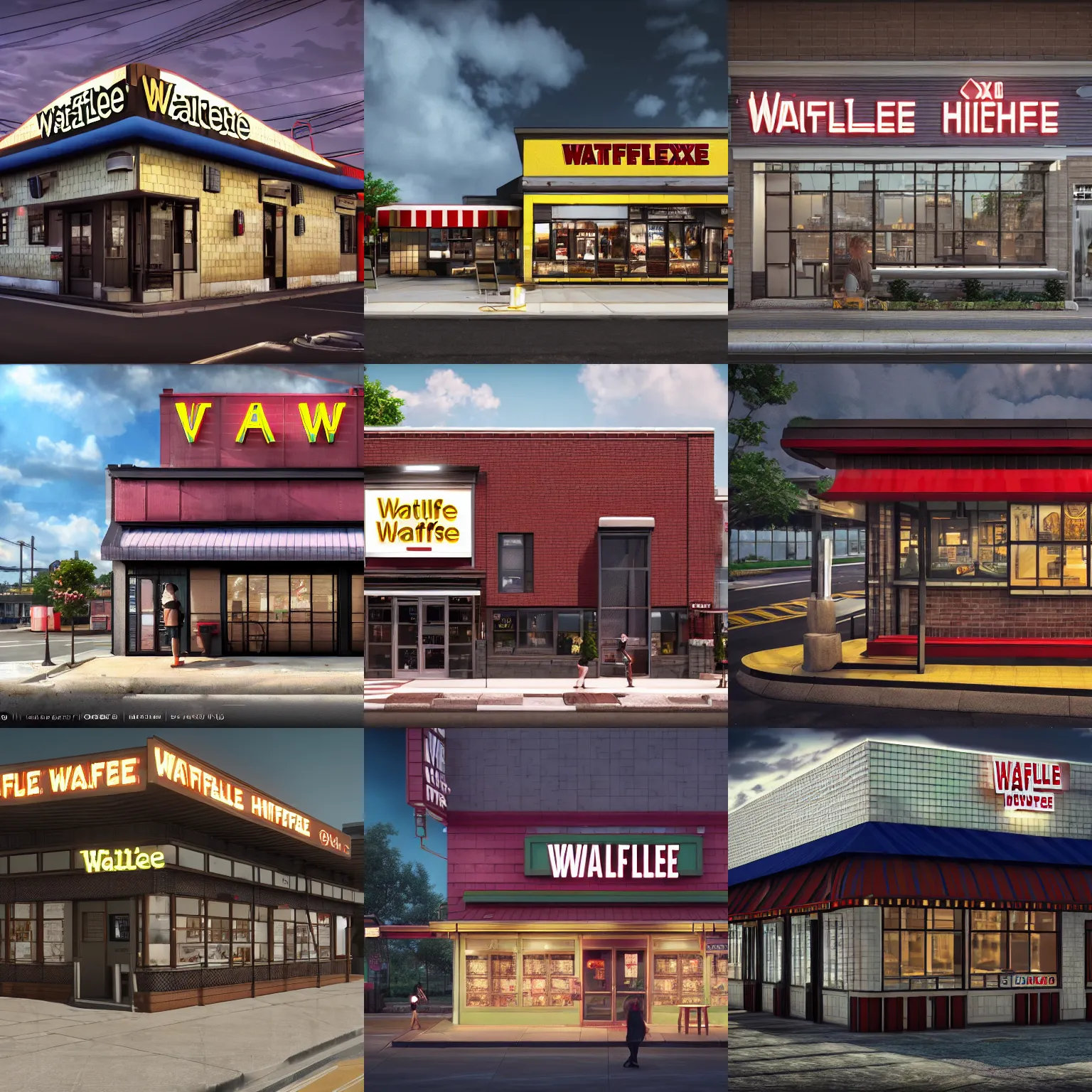 Prompt: exterior of a waffle house, rtx rendering, octane render 1 2 8 k, maya, extreme high intricate details, digital anime art by ross tran, medium shot, composition dramatic lighting