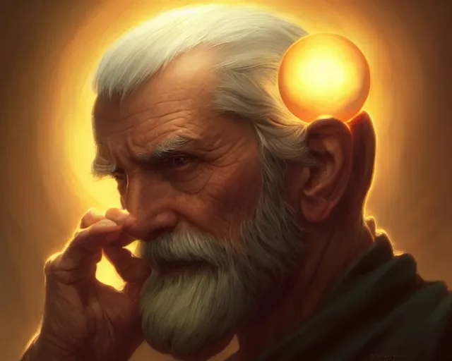 Image similar to old man holding a reflective orb, deep focus, d & d, fantasy, intricate, elegant, highly detailed, digital painting, artstation, concept art, matte, sharp focus, illustration, hearthstone, art by artgerm and greg rutkowski and alphonse mucha