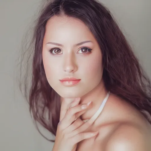 Prompt: professional studio portrait of a beautiful young woman, lens flare, glow filter, 5 0 mm f 1. 4 fuji 4 0 0 h