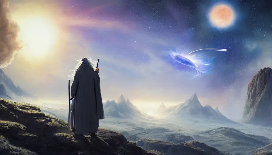 Prompt: a beautiful painting of gandalf watching a supernova in the sky of an alien world, ray traced lighting by jean kalin popov and greg rutkowski