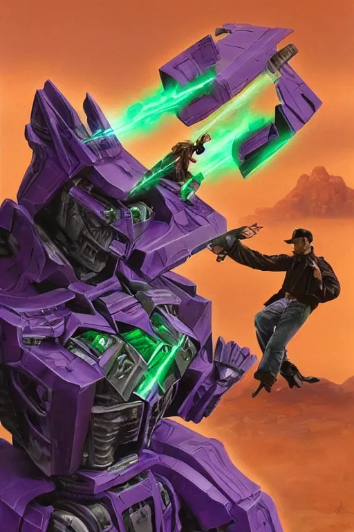 Image similar to portrait of cowboy johnny cash as purple green optimus prime from transformers riding on guitar zord ufo hoverboard, intricate, highly detailed, smooth, artstation, digital illustration by Ruan Jia and Mandy Jurgens and Artgerm and Wayne Barlowe and Greg Rutkowski and Zdislav Beksinski