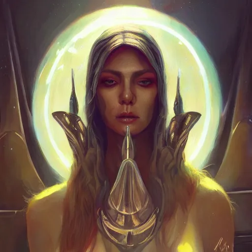 Prompt: a hyperrealistic acrylic painting of a beautiful alien priestess in the style of WLOP and Greg Rutkowski