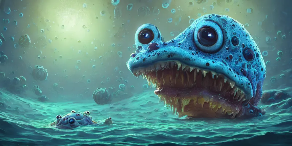 Prompt: of an intricate murky seabed with strange cute friendly marine creatures with huge eyes, long tongue, round teeth and funny face appearing from the water, in the style of craola, macro lens, shallow depth of field, highly detailed, digital painting, trending artstation, concept art, illustration, cinematic lighting, vibrant colors, photorealism, epic, octane render