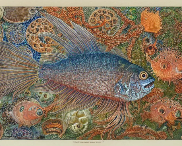 Prompt: hyperrealistic image of a beautiful fish, intricate ornamental gothic designs, heavily decorated, art by ernst haeckel, james jean,