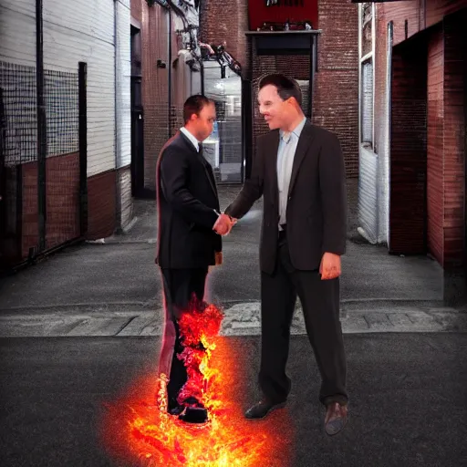 Image similar to A man in a suit on the left shakes hands with a man made of fire and plasma in the right, alleyway, downtown, realistic digital photo, surreal