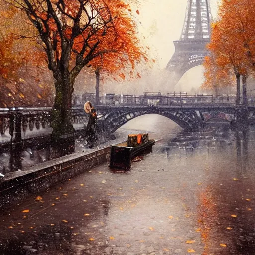 Image similar to autumn in paris, ornate, beautiful, atmosphere, vibe, mist, smoke, fire, chimney, rain, wet, pristine, puddles, melting, dripping, snow, creek, lush, ice, bridge, forest, roses, flowers, by stanley artgerm lau, greg rutkowski, thomas kindkade, alphonse mucha, loish, norman rockwell