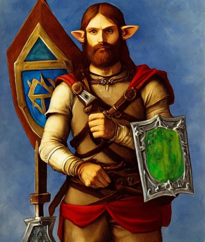 Prompt: oil painting portrait of Link holding the mastersword and the Hyrule shield by Leonardo da Vinci