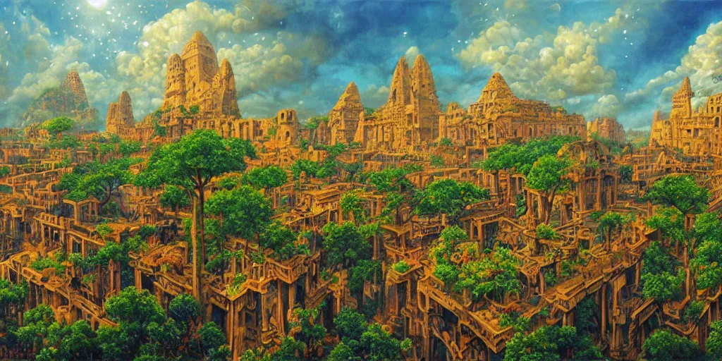 Prompt: fantasy oil painting, regale, refined, fortress mega structure city, luxor, argos, indore, ellora, hybrid, looming, small buildings, warm lighting, street view, overlooking, epic, lush plants flowers, rainforest mountains, bright clouds, luminous sky, outer worlds, cinematic lighting, michael cheval, michael whelan, oil painting, natural tpose