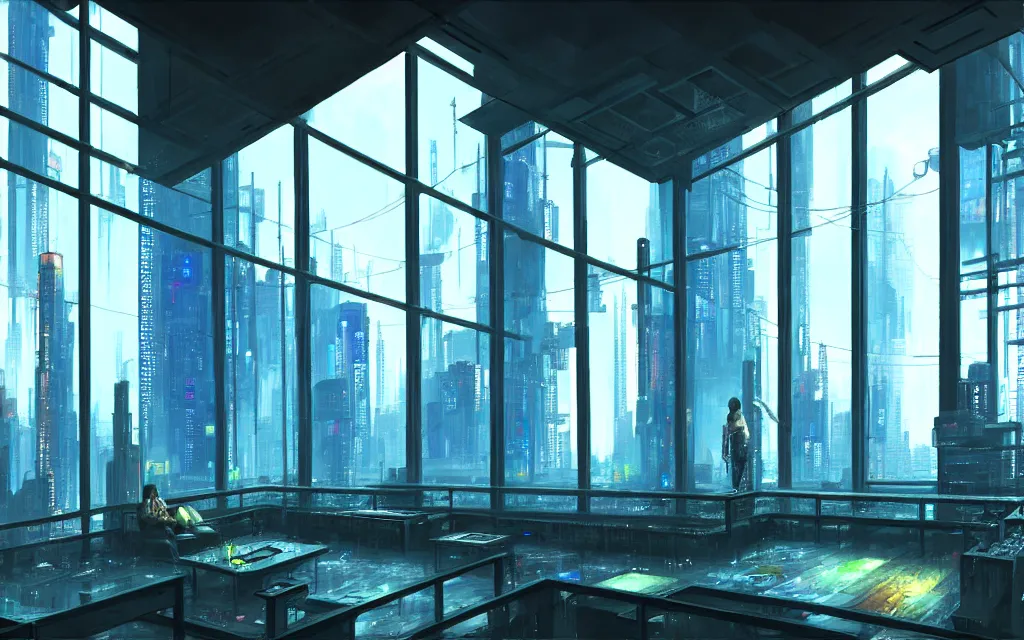 Image similar to cyberpunk loft lounge with tall windows, no people, city in background, drawn by feng zhu, sparse plants, dim painterly lighting volumetric aquatics, impasto