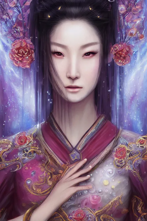 Image similar to beautiful ancient fantasy portrait of wuxia armored heroine, face trending by artbreeder wearing like Xian Xia wardrobe, in forbidden City, hybrid from Dynasty Warriror, flowers sea rainning everywhere, intricate, very very beautiful, elegant, highly detailed, digital painting, beautiful glowing galaxy eyes, human anatomy, hyperrealistic, soft light, dynamic, artstation, fantasy concept art, smooth, sharp focus, illustration, art by alphonse mucha and WLOP and tian zi