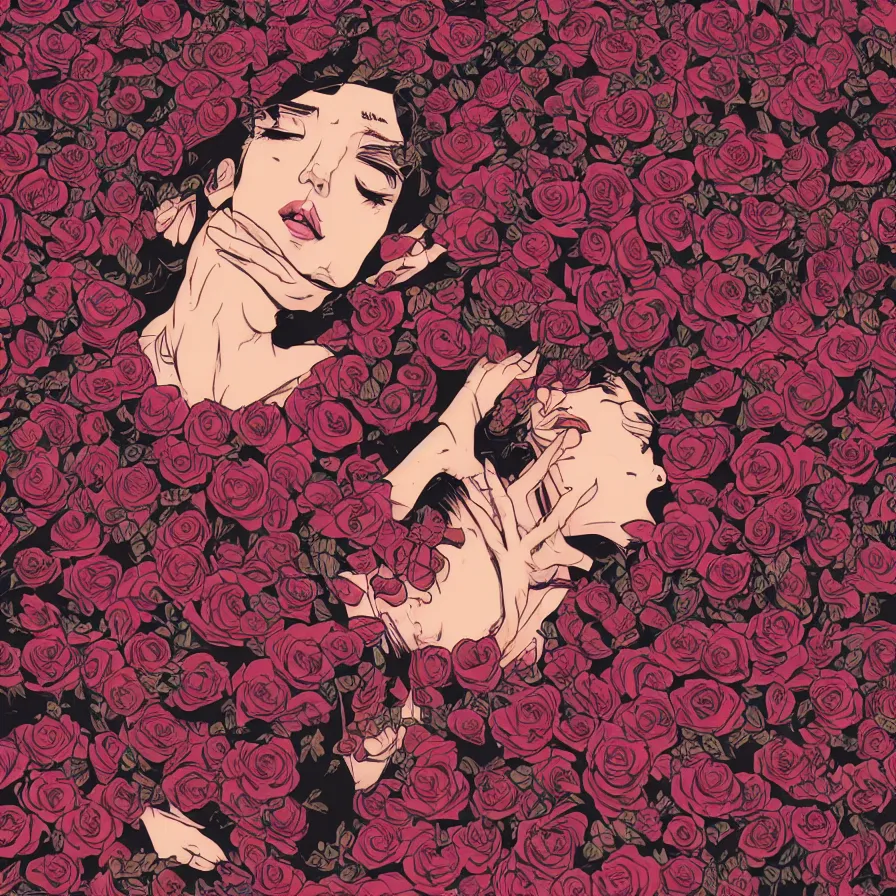 Prompt: queen covered in roses, satoshi kon, ethereal, glossy, laurie greasley, unconscious, illusions, intuition