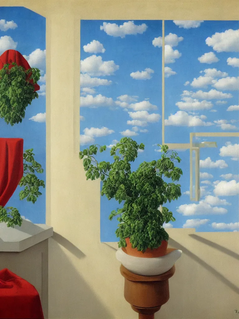 Image similar to curtains are clouds by rene magritte, detailed painting, hd, hq, high resolution, high detail, 4 k, 8 k