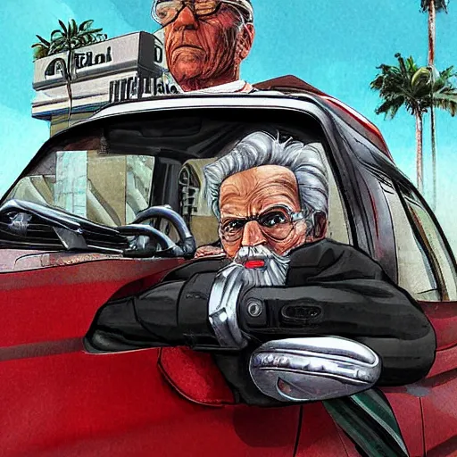 Image similar to highly detailed old man in car holding gun gta vice city art,, fantasy art by stephen bliss