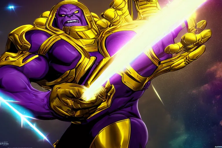 Prompt: Thanos wielding the infinity gauntlet, in the style of adam spizak, HD Wallpaper, desktopography, digital art