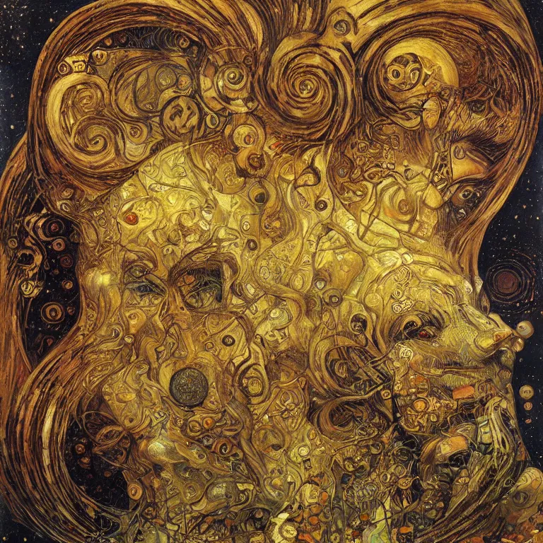 Image similar to Divine Chaos Engine portrait by Karol Bak, Jean Deville, Gustav Klimt, and Vincent Van Gogh, sacred geometry, visionary, mystic, fractal structures, ornate gilded medieval icon, spirals, horizontal symmetry
