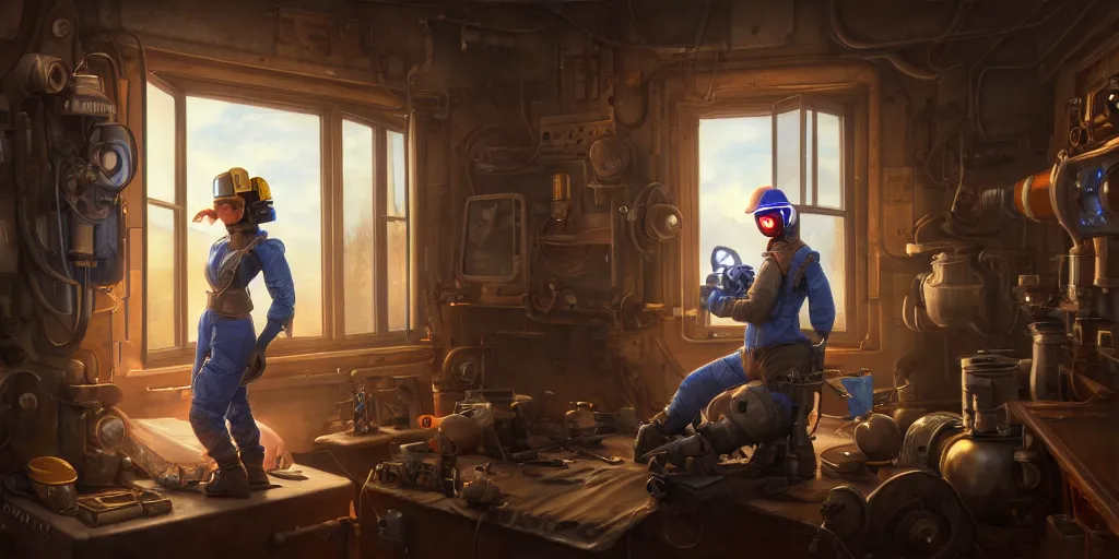 Image similar to highly detailed portrait painting of welder and angelina joile, room mono window, by eddie mendoza and tyler edlin, 8 k resolution